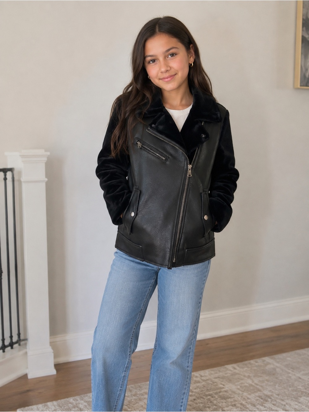 Kids Zara Black Faux Leather Moto Jacket with Faux Fur Trim